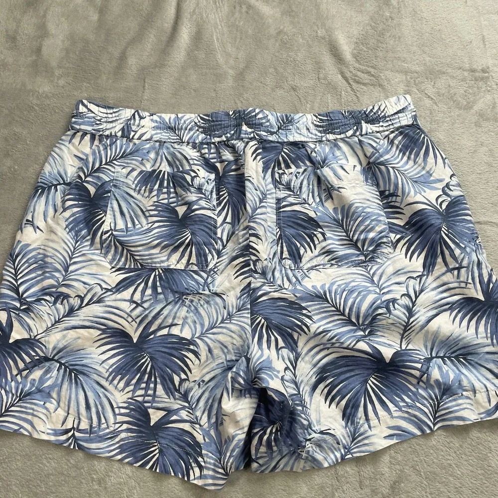 Talbots Linen Blend Shorts 2X Palm Tropical Blue White Pull On Beach